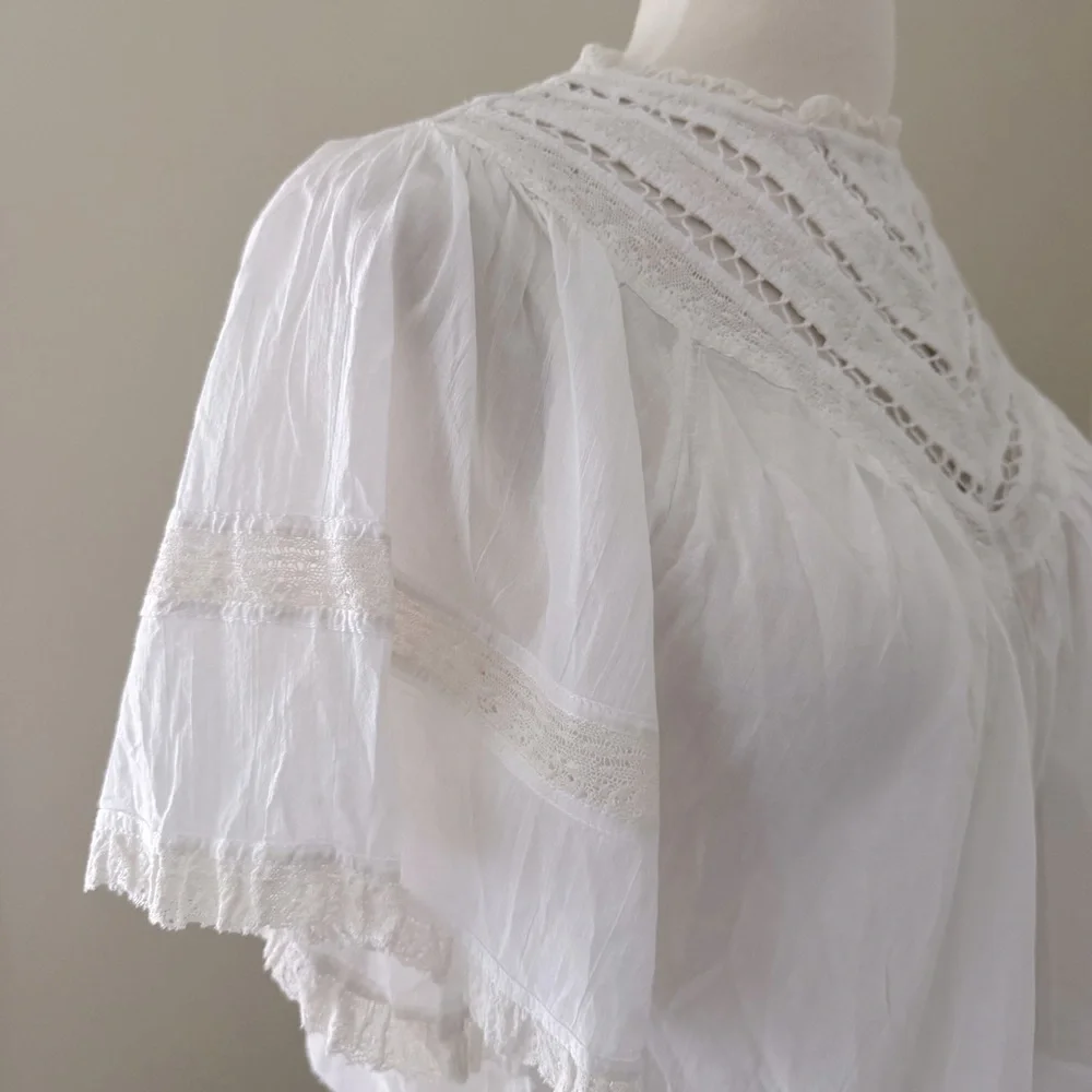 Free People White Crochet Yoke Flutter Sleeve Top